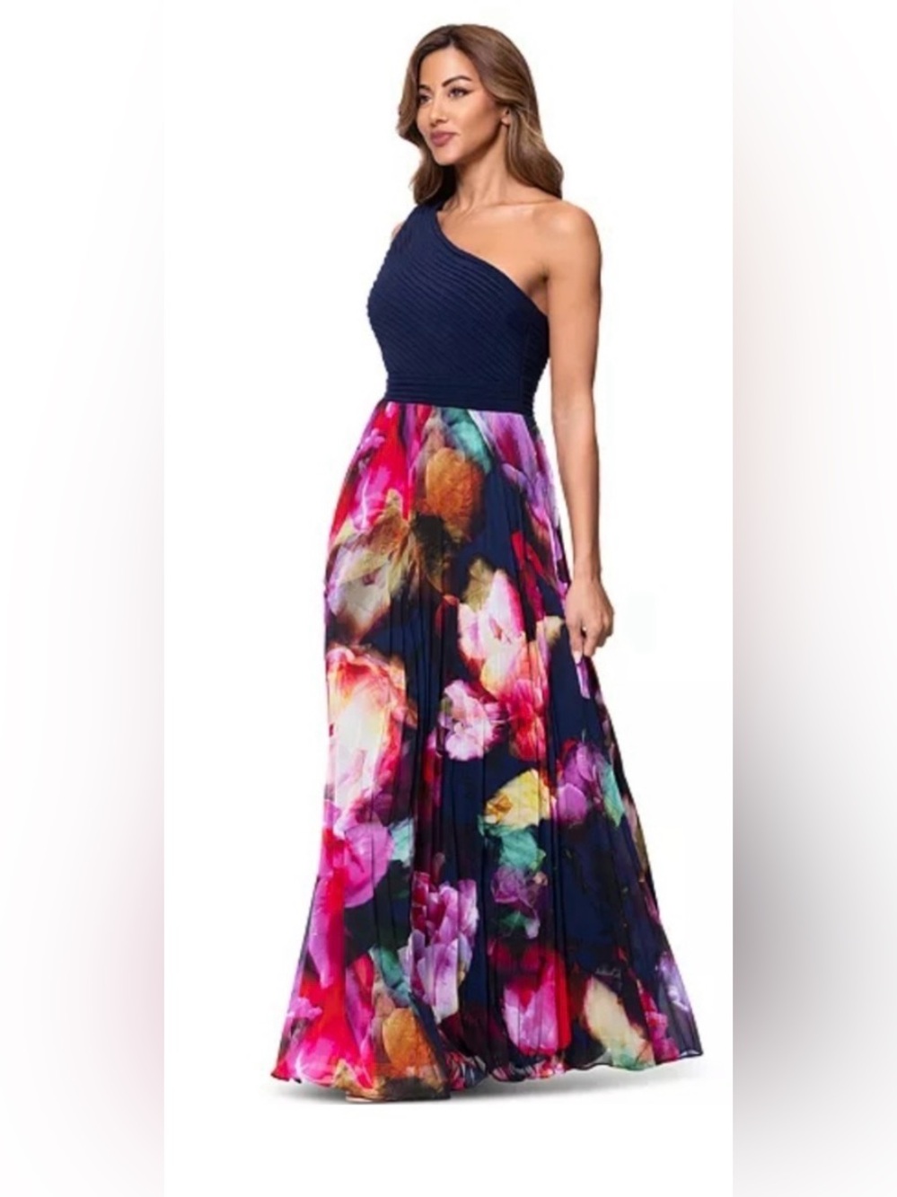 Xscape One Shoulder Mixed Media Maxi Dress Size 4 Petite. NWT.